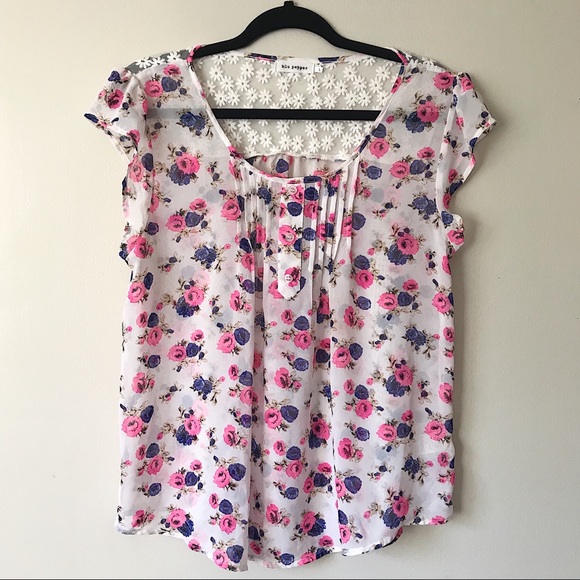 Blu Pepper Tops - Blu Pepper Pink and Blue Floral Chiffon Blouse